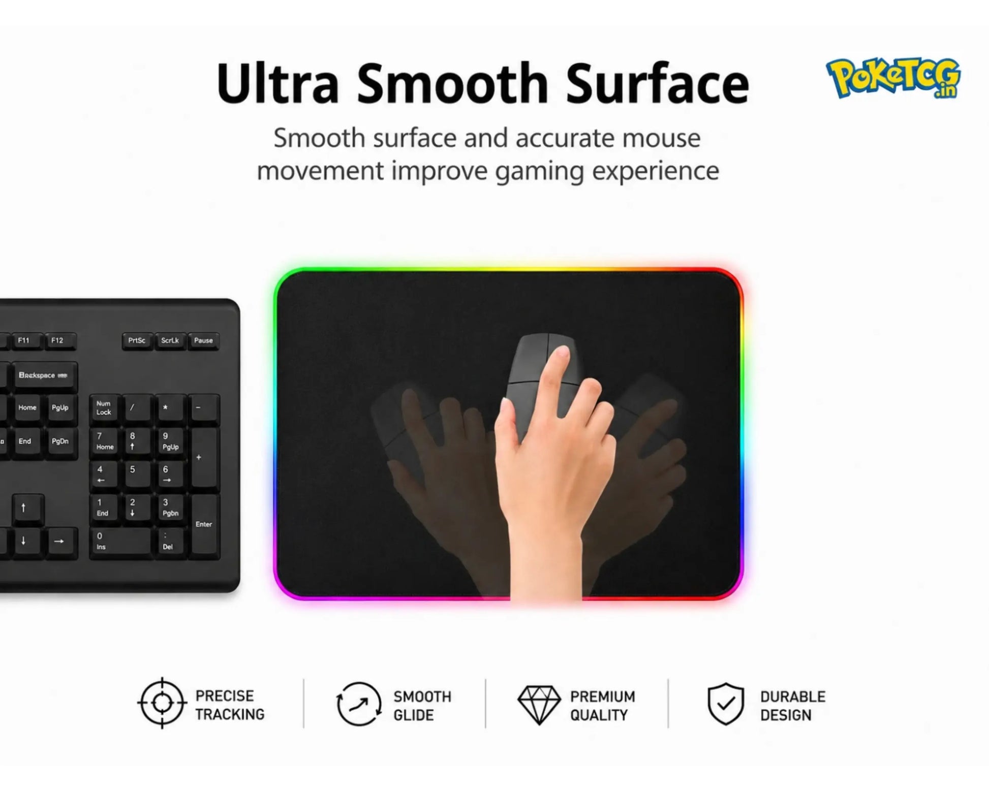 Gaming mouse pad material showcase featuring waterproof surface, stitched lock edge, anti-slip rubber base, and speed edition smooth texture