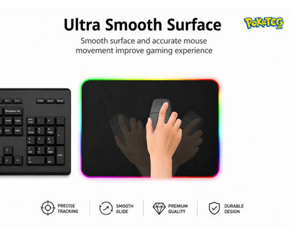 Gaming mouse pad material showcase featuring waterproof surface, stitched lock edge, anti-slip rubber base, and speed edition smooth texture