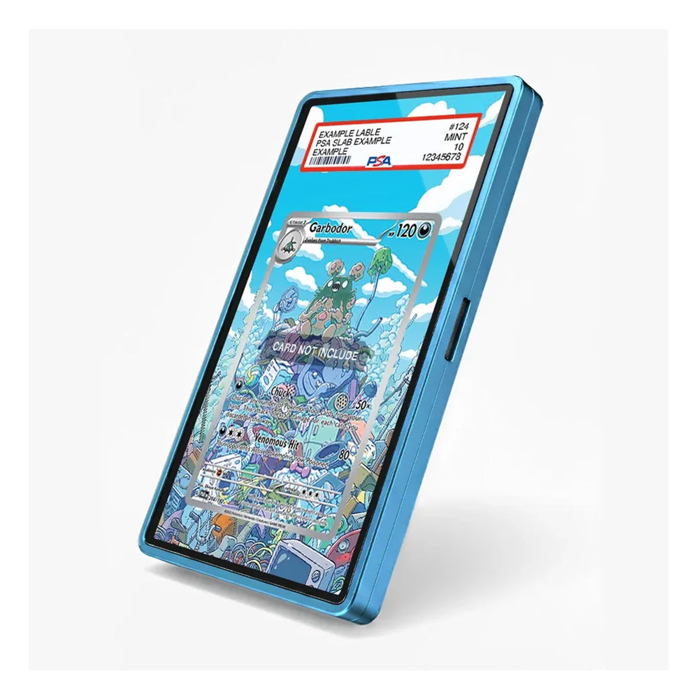 A blue protective phone case shown at an angle on a light gray background, featuring a colorful cartoon Pokémon graphic on the screen.