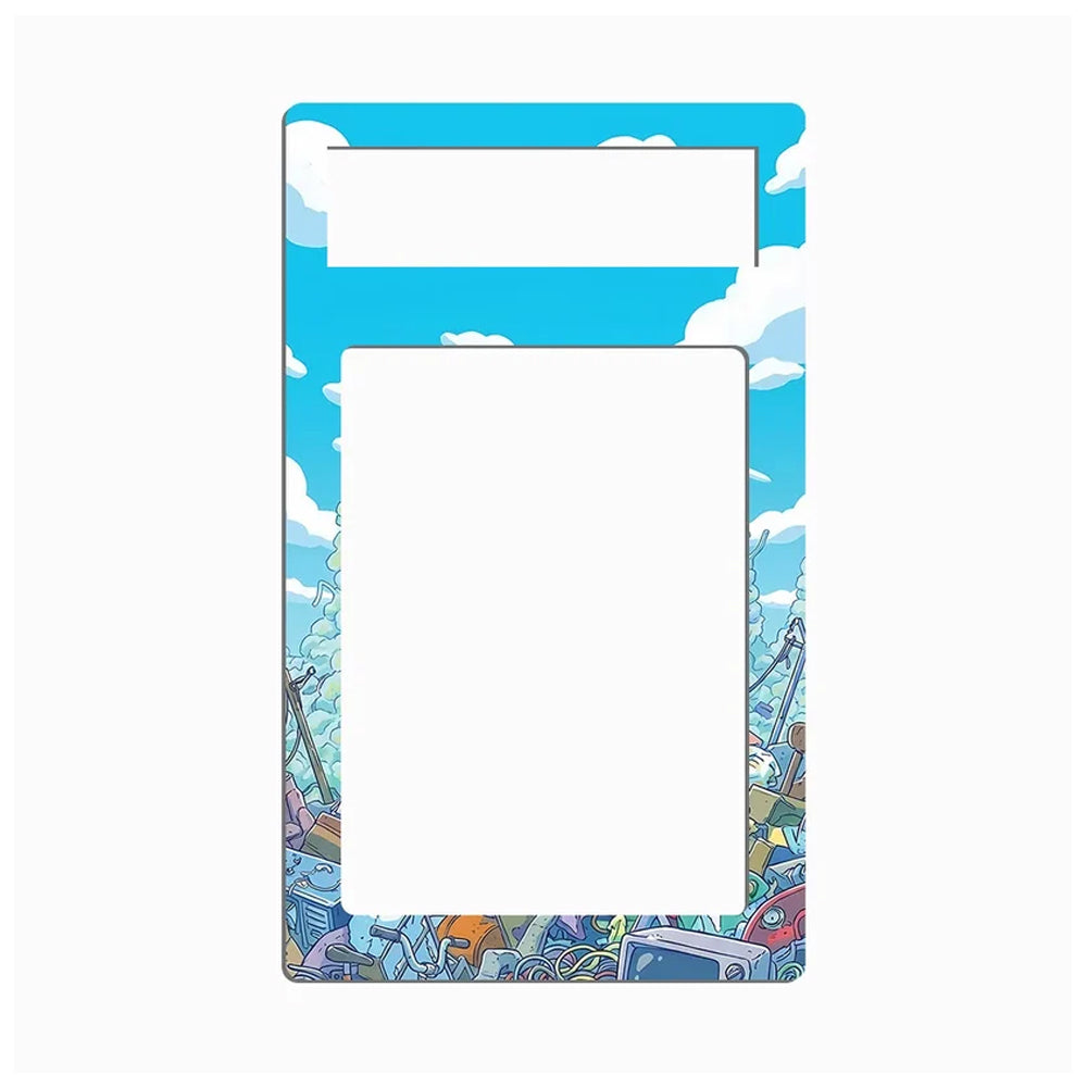 A rectangular picture frame with a colorful cartoon border. The top and bottom borders feature a light blue sky with white clouds, while the bottom border also includes a multicolored illustration of vehicles and characters.