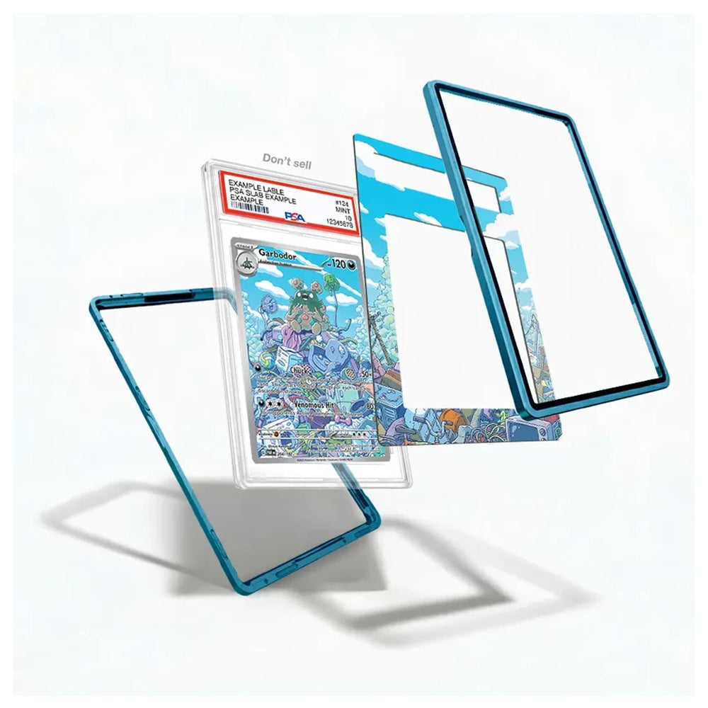 A set of custom Pokémon TCG card sleeves and frames in a translucent teal blue color, shown floating against a white background with a graded PSA-graded card inside one sleeve.