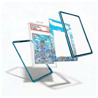 A set of custom Pokémon TCG card sleeves and frames in a translucent teal blue color, shown floating against a white background with a graded PSA-graded card inside one sleeve.