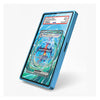 A blue protective card case shown at an angle on a light gray background, with a sample Pokémon trading card partially visible inside. The case has a printed sample label on the top section.