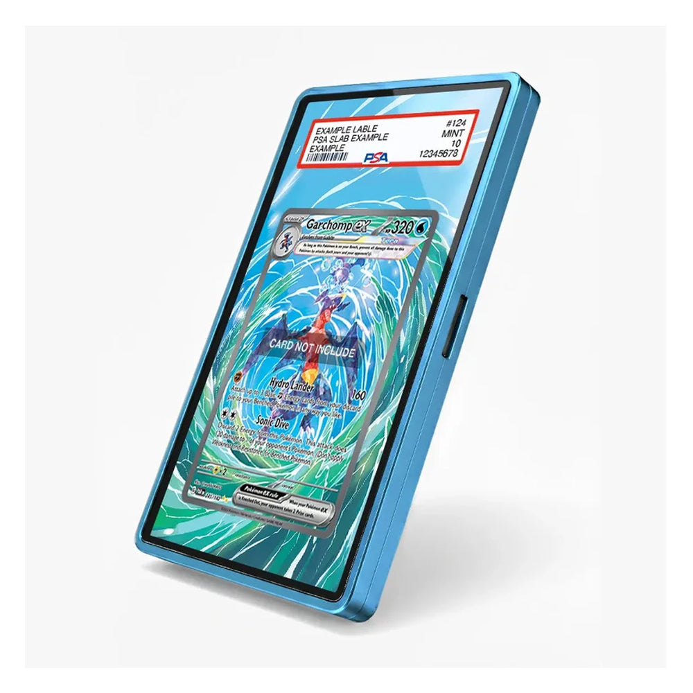A blue protective card case shown at an angle on a light gray background, with a sample Pokémon trading card partially visible inside. The case has a printed sample label on the top section.