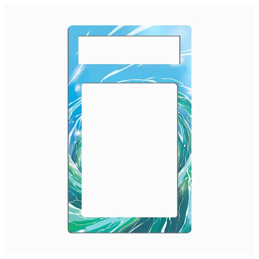 A rectangular decorative frame or plate with a blue and green wave pattern, featuring a top label slot and a large central cutout, shown on a plain white background.