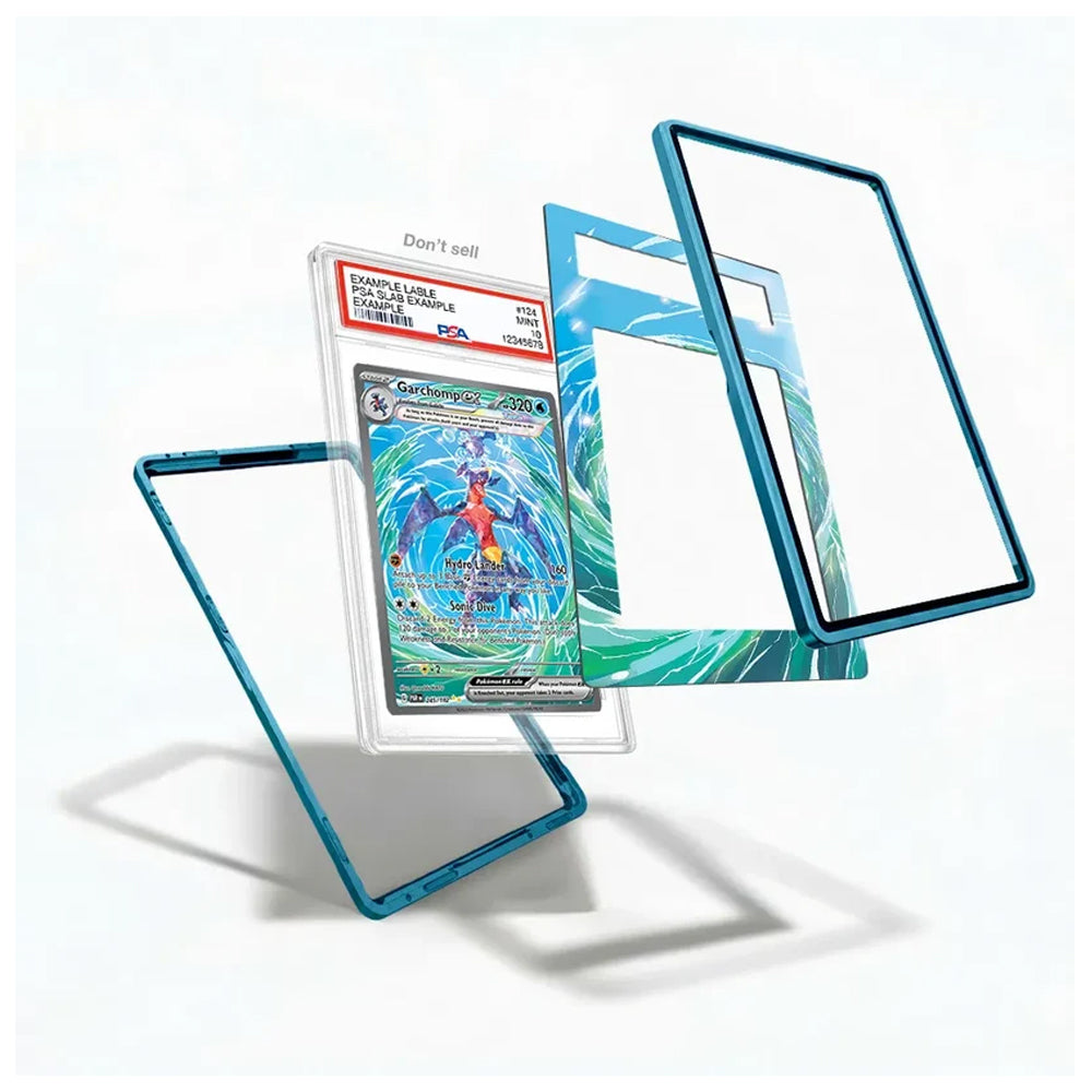 A set of transparent acrylic or plastic frame inserts with a metallic teal-blue border, shown floating around a graded Pokémon TCG card in a clear holder on a white background.