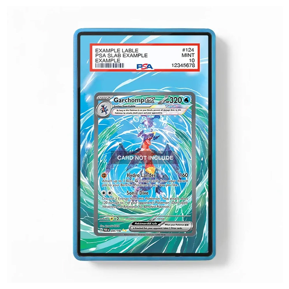 A PSA graded protective slab containing a Garchomp card, shown against a plain white background. The slab has a blue border and a red header label at the top with PSA branding and grading details.