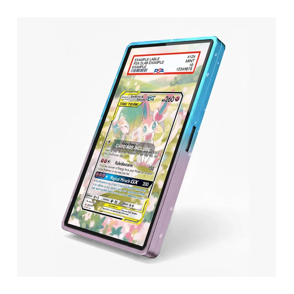 A smartphone shown at an angle with a colorful pastel floral screen protector applied. The protector features a multicolor pattern with blue, pink, yellow, and green tones, and includes a sample Pokémon trading card design on the display area.