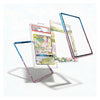 Three clear acrylic card protectors with pastel gradient borders are displayed floating around a graded Pokémon TCG card on a clean white background.