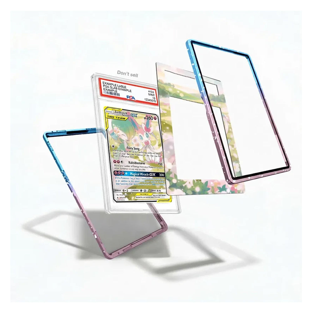 Three clear acrylic card protectors with pastel gradient borders are displayed floating around a graded Pokémon TCG card on a clean white background.