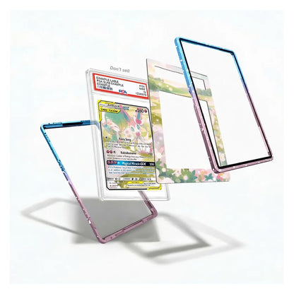 Three clear acrylic card protectors with pastel gradient borders are displayed floating around a graded Pokémon TCG card on a clean white background.
