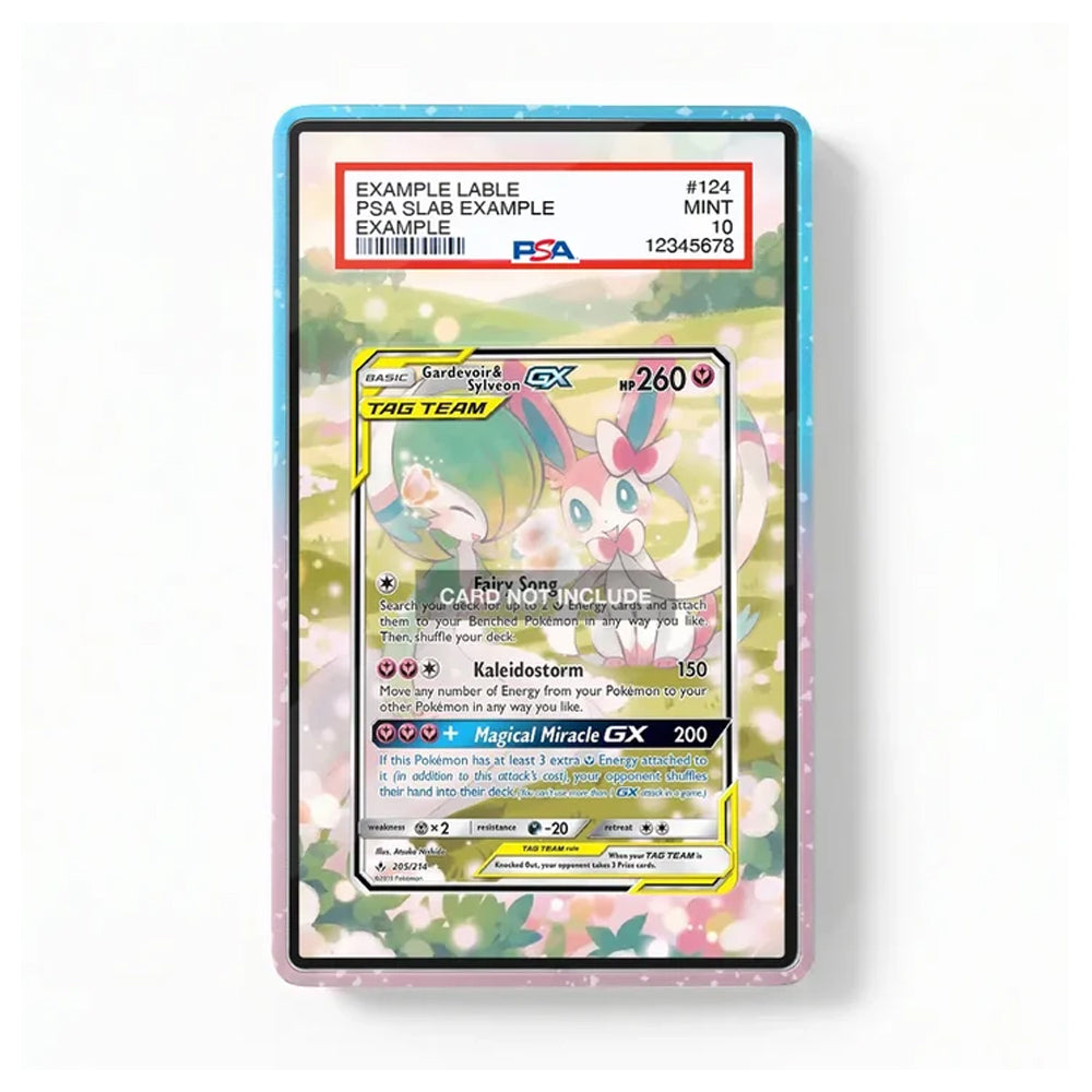 A framed Pokémon trading card specimen display showing a Kalkostorm GX card with a PSA slab label at the top, set against a clean white background.