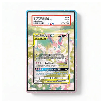 A framed Pokémon trading card specimen display showing a Kalkostorm GX card with a PSA slab label at the top, set against a clean white background.