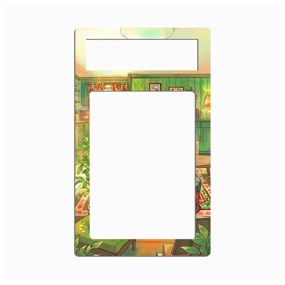 A rectangular decorative frame or magnet with rounded corners, featuring an illustrated green cafe interior on the border and two blank white horizontal slots near the top, shown on a plain white background.