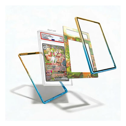 Three transparent acrylic card sleeves with colored borders are shown floating around a graded trading card on a white background. The left sleeve has a gold border, the middle sleeve has a blue border, and the right sleeve has a gold and blue border.