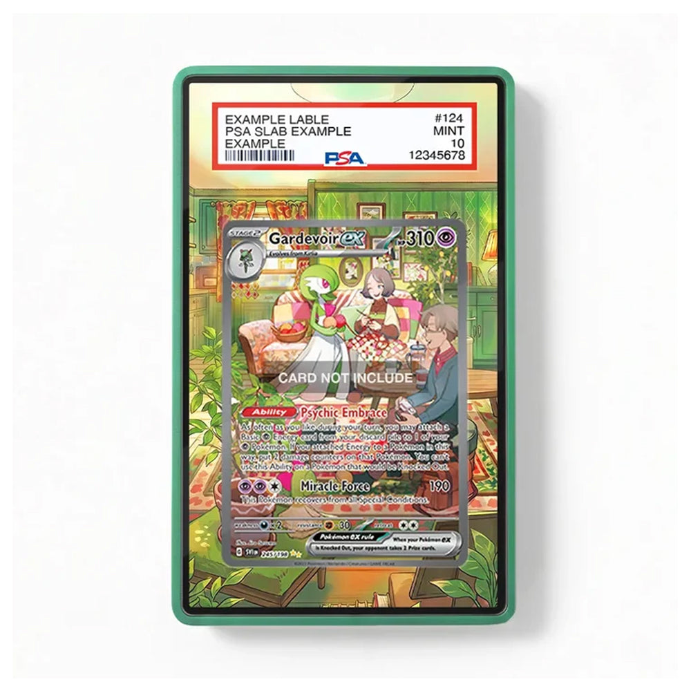 A PSA graded protective slab containing a sample trading card, shown against a plain white background. The slab has a green border and a PSA label at the top reading 'EXAMPLE SLAB LABLE' with grading details.