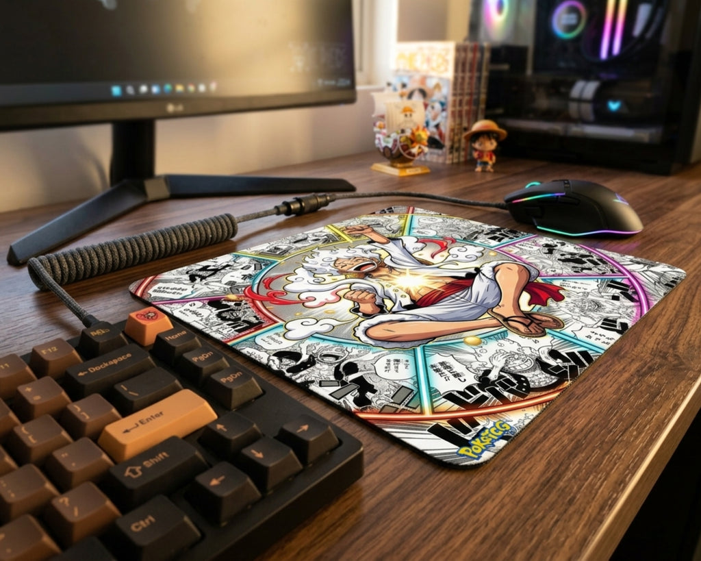 Gear 5 Luffy manga collage anime mouse pad on a wooden RGB gaming desk with mechanical keyboard, coiled cable, and colorful gaming mouse setup
