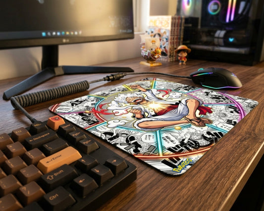 Gear 5 Luffy manga collage anime mouse pad on a wooden RGB gaming desk with mechanical keyboard, coiled cable, and colorful gaming mouse setup