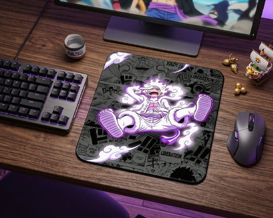 Gear 5 Monkey D. Luffy anime mouse pad with glowing purple artwork on wooden gaming desk featuring RGB mechanical keyboard, wireless gaming mouse, and One Piece themed setup