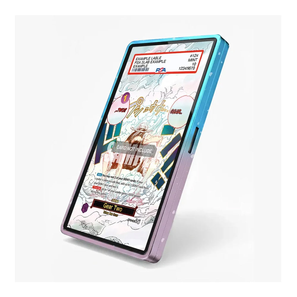 A slim rectangular electronic device with a colorful printed display, shown at an angle on a plain white background. The device has a blue-to-purple gradient outer edge and appears to be the product itself rather than packaging.
