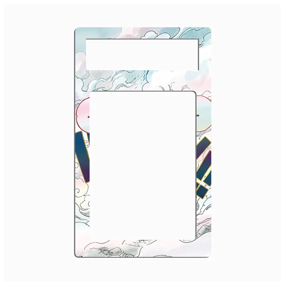 A decorative rectangular card or label template with rounded corners, featuring a pastel watercolor cloud pattern in pink, blue, and white, with two blank white cutout areas near the top and sides.