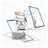 Three transparent acrylic or glass frame components with pastel blue, pink, and purple marbled edges, shown floating on a white background. One frame includes printed anime-style artwork and text, while the others are clear with colored borders.