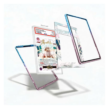 Three transparent acrylic or glass frame components with pastel blue, pink, and purple marbled edges, shown floating on a white background. One frame includes printed anime-style artwork and text, while the others are clear with colored borders.