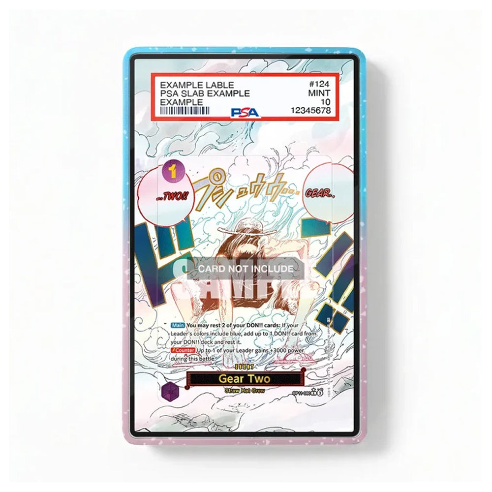 A collectible card or voucher inside a light blue and pink protective sleeve, featuring anime-style artwork and a PSA grading label at the top, shown on a plain white background.