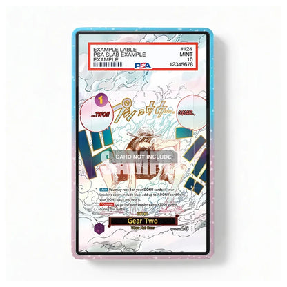 A collectible card or voucher inside a light blue and pink protective sleeve, featuring anime-style artwork and a PSA grading label at the top, shown on a plain white background.