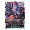 A single collectible trading card featuring the character Gecko Moria from The Seven Warlords of the Sea / Tiers 1-3 Parkers, with a purple and black illustration of a gecko and sea creatures, and a silver holographic border.