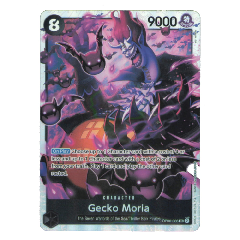 A single collectible trading card featuring the character Gecko Moria from The Seven Warlords of the Sea / Tiers 1-3 Parkers, with a purple and black illustration of a gecko and sea creatures, and a silver holographic border.