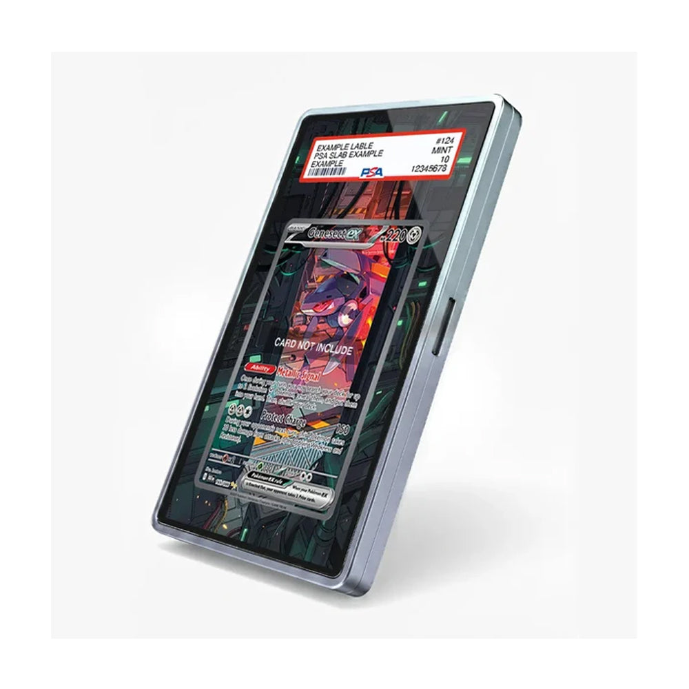 A silver slim tablet device shown at an angle on a light gray background, with a stylized game or app interface displayed on its screen.