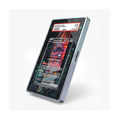 A silver slim tablet device shown at an angle on a light gray background, with a stylized game or app interface displayed on its screen.