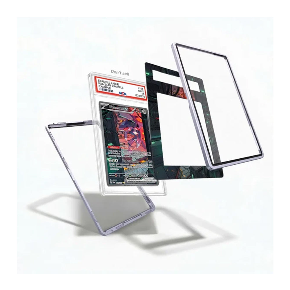 A clear protective case shown partially assembled around a graded Pokémon TCG card, with several transparent panel pieces floating behind it on a clean white background.