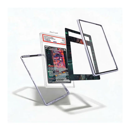 A clear protective case shown partially assembled around a graded Pokémon TCG card, with several transparent panel pieces floating behind it on a clean white background.