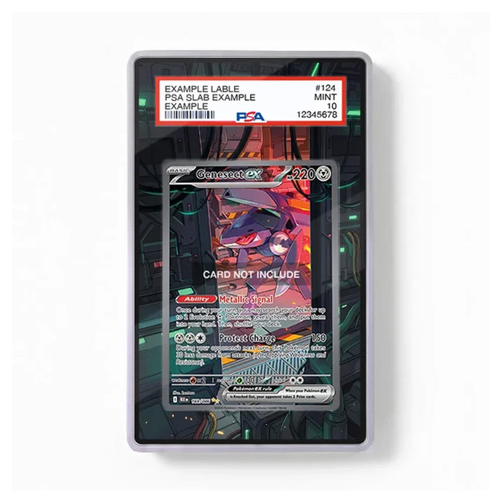 A PSA graded protective slab containing a holographic Pokémon TCG card, shown against a plain white background. The slab has a clear plastic case with a white PSA label at the top and a printed insert showing a dark futuristic scene.