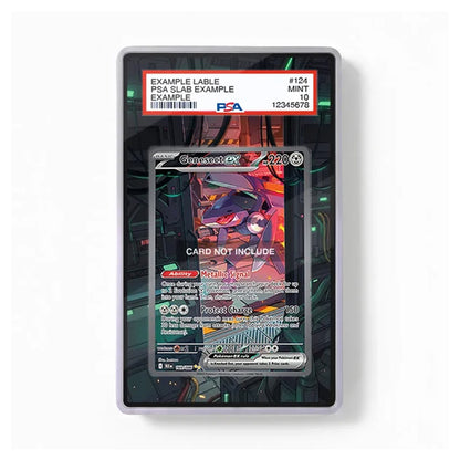 A PSA graded protective slab containing a holographic Pokémon TCG card, shown against a plain white background. The slab has a clear plastic case with a white PSA label at the top and a printed insert showing a dark futuristic scene.