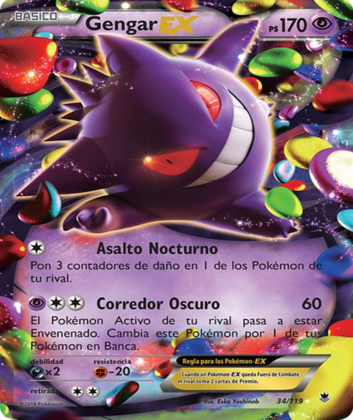 A Pokémon trading card featuring GengarEX, a purple ghost-type Pokémon with red eyes, shown against a colorful background of shiny berries. The card has Spanish text and a purple health bar at the bottom.