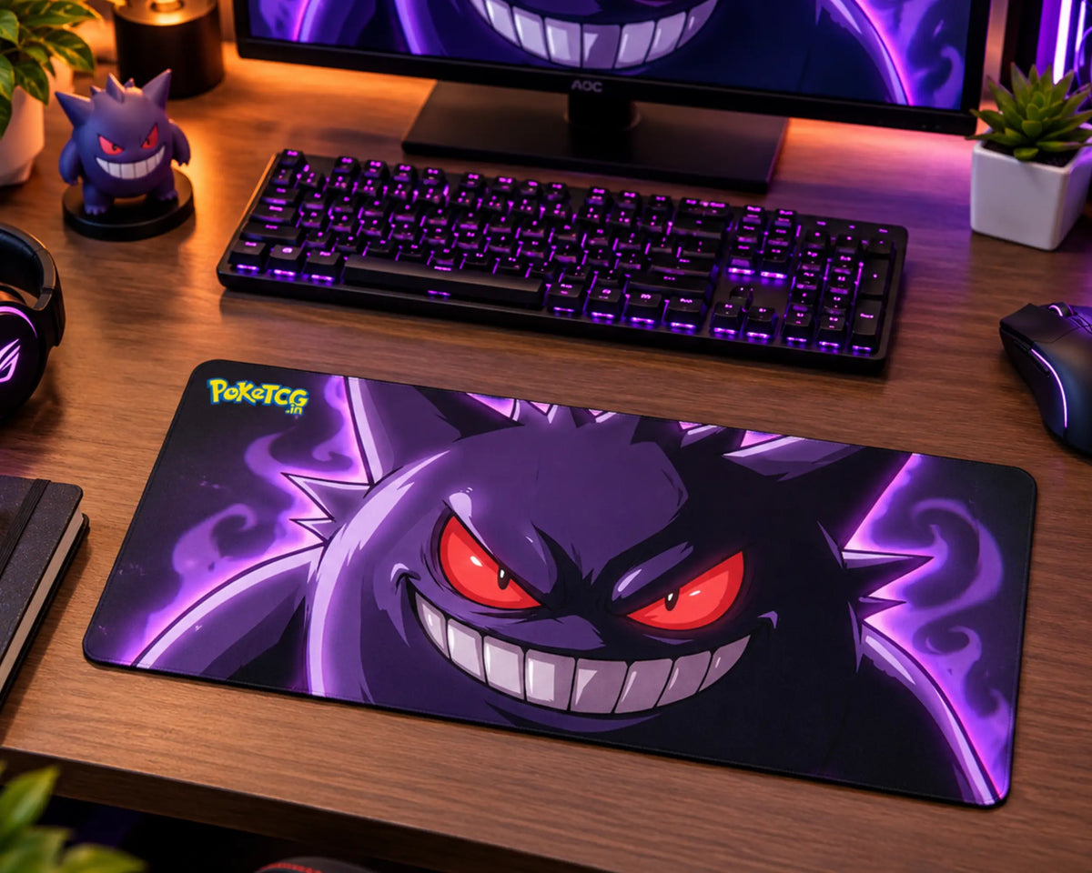 Close-up artwork of Gengar with glowing red eyes, a wide mischievous grin, and swirling purple energy effects on a dark Pokemon gaming mouse pad.