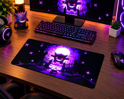 Gengar with glowing red eyes and a wide grin beneath a bright full moon, surrounded by purple flames, haunted graveyard gates, dark silhouettes, and glowing purple symbols on a Pokemon gaming mouse pad.