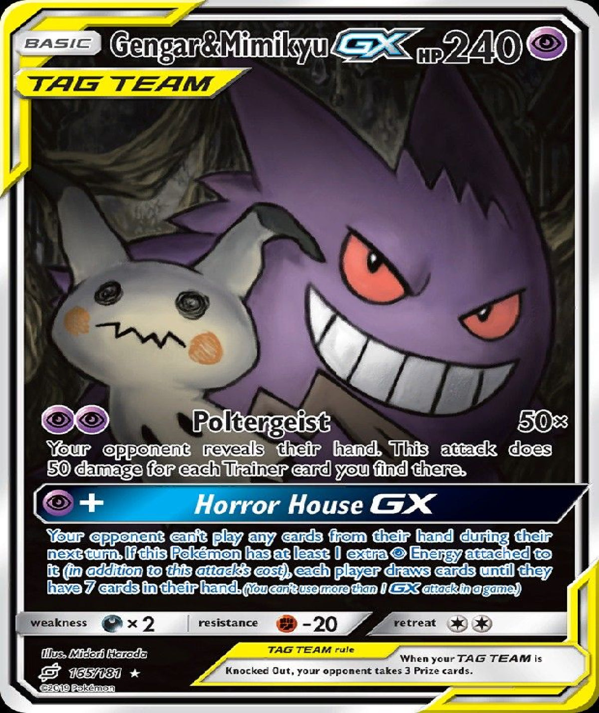 A Pokémon trading card featuring Gengar and Mimikyu GX, with Gengar's HP 240 at the top and the 'Horror House GX' text on the bottom. The card has a black border with yellow, blue, and white design elements.
