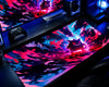 Gengar Neon Chaos Pokémon gaming mouse pad featuring a grinning Gengar with glowing red-pink eyes surrounded by explosive hot pink, electric blue, purple, and black energy streaks on an extended desk mat.