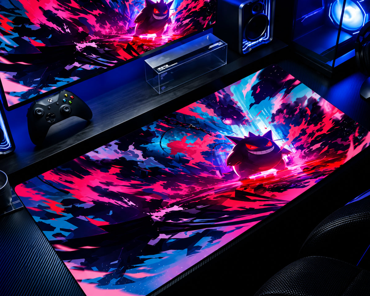 Gengar Neon Chaos Pokémon gaming mouse pad featuring a grinning Gengar with glowing red-pink eyes surrounded by explosive hot pink, electric blue, purple, and black energy streaks on an extended desk mat.