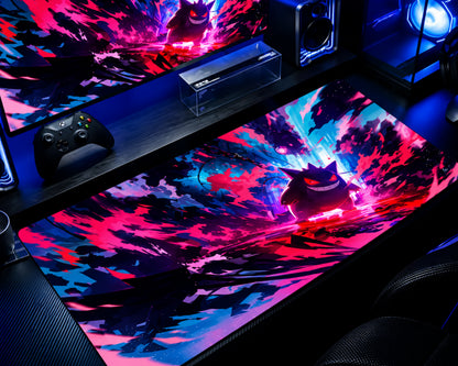 Gengar Neon Chaos Pokémon gaming mouse pad featuring a grinning Gengar with glowing red-pink eyes surrounded by explosive hot pink, electric blue, purple, and black energy streaks on an extended desk mat.