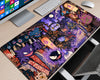 Gengar Pokémon haunted village gaming mouse pad featuring Gengar, Haunter, Mimikyu, and other Ghost-type Pokémon among glowing lanterns, traditional village rooftops, and swirling purple mist.