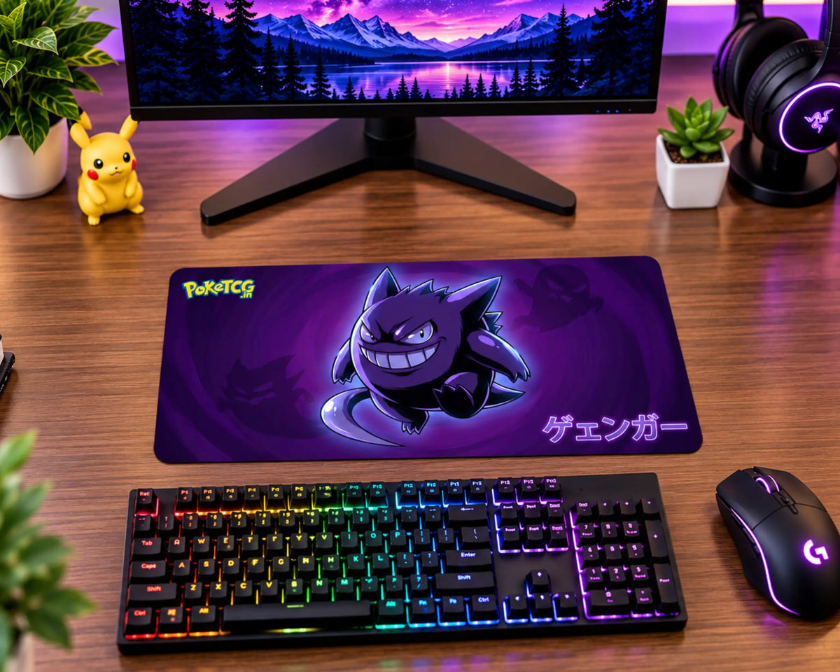 Purple Pokemon gaming mouse pad featuring Gengar with a mischievous grin, glowing violet outline, dark purple shadow effects, and Japanese lettering on a rich purple background.