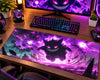 Gengar floating with glowing magenta eyes and a wide grin, surrounded by bright purple lightning, glowing energy orbs, and dark dramatic effects on a Pokemon gaming mouse pad.