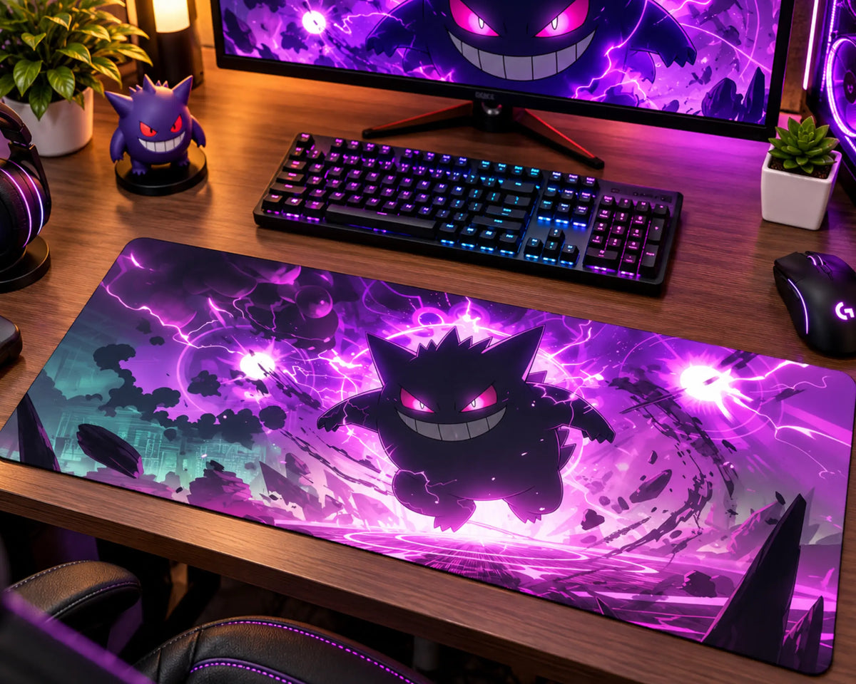 Gengar floating with glowing magenta eyes and a wide grin, surrounded by bright purple lightning, glowing energy orbs, and dark dramatic effects on a Pokemon gaming mouse pad.