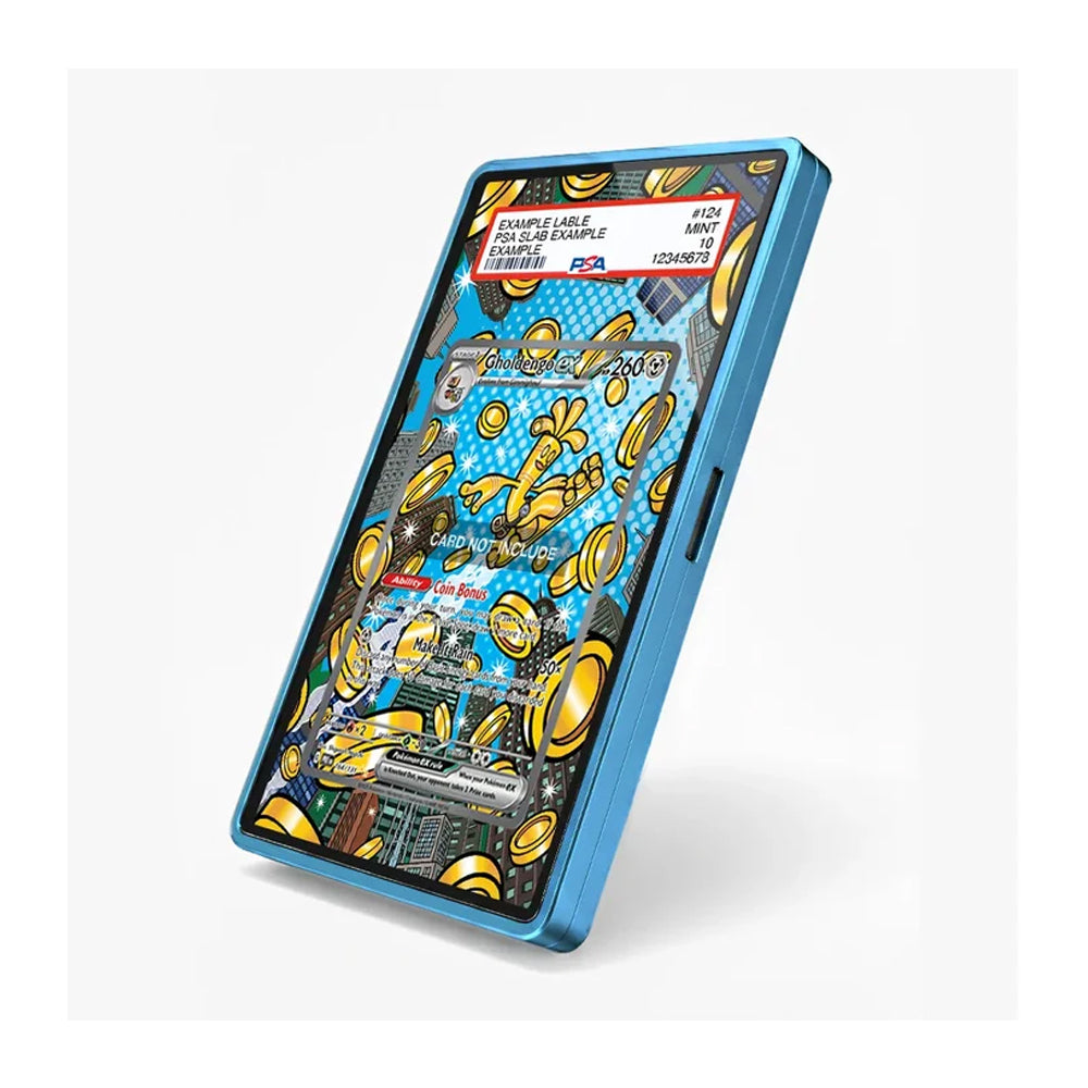 A blue rectangular electronic device with a glossy, highly detailed pinball machine graphic on its front face, shown at an angle on a light gray background.