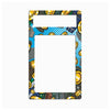 A rectangular picture frame with a colorful pop-art style border featuring gold coins, blue polka dots, and dark buildings, shown on a plain white background.